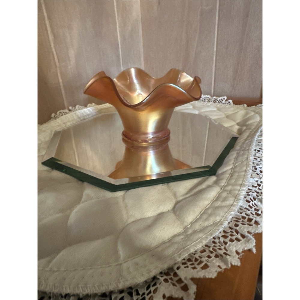 vintage Fenton carnival glass hat vase in a marigold (iridescent orange) color.